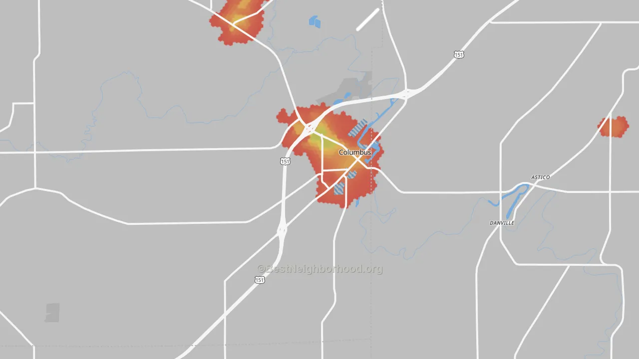Walk Grade map of 53925, WI, walkable areas in green and car-dependent areas in red