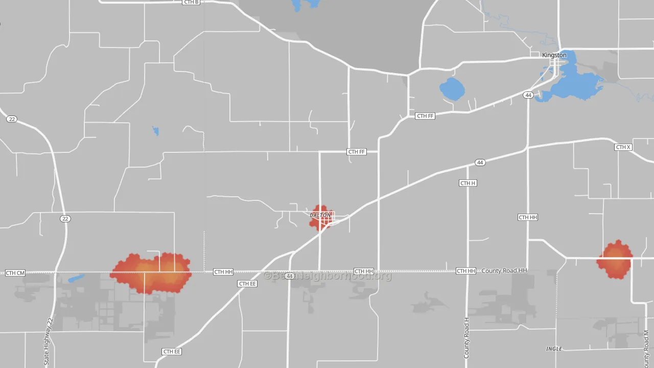 Walk Grade map of 53926, WI, walkable areas in green and car-dependent areas in red