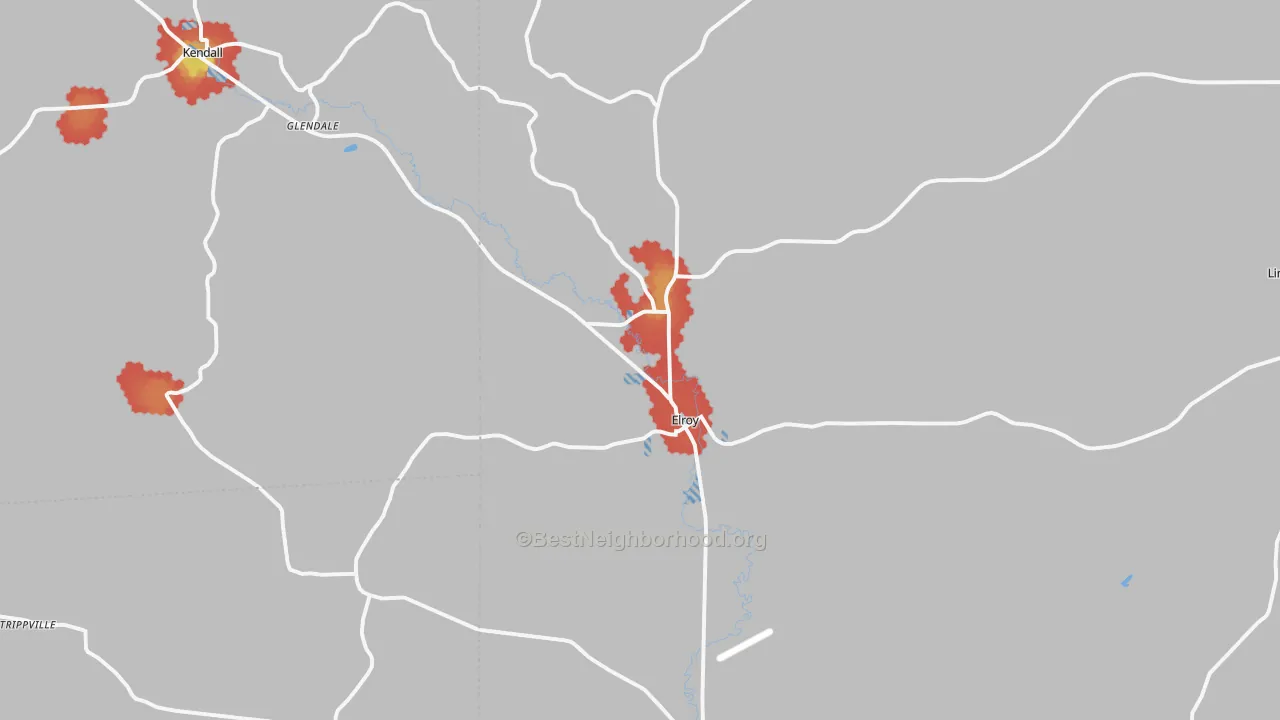 Walk Grade map of 53929, WI, walkable areas in green and car-dependent areas in red