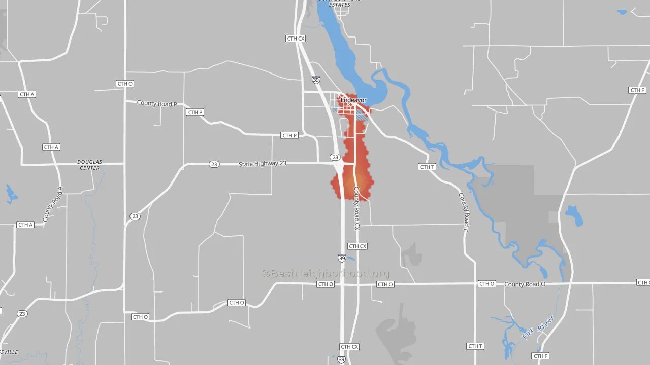 Walk Grade map of 53930, WI, walkable areas in green and car-dependent areas in red