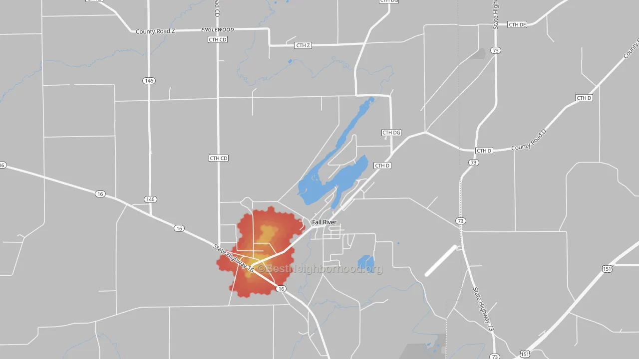 Walk Grade map of 53932, WI, walkable areas in green and car-dependent areas in red