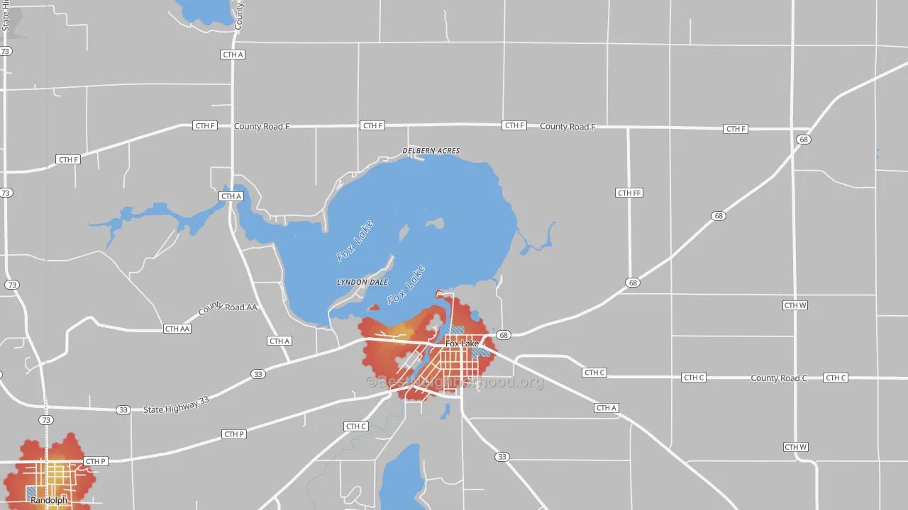 Walk Grade map of 53933, WI, walkable areas in green and car-dependent areas in red