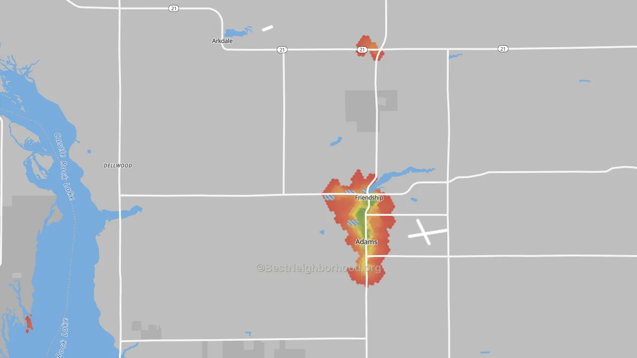 Walk Grade map of 53934, WI, walkable areas in green and car-dependent areas in red