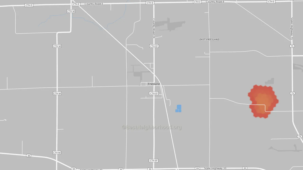 Walk Grade map of 53935, WI, walkable areas in green and car-dependent areas in red