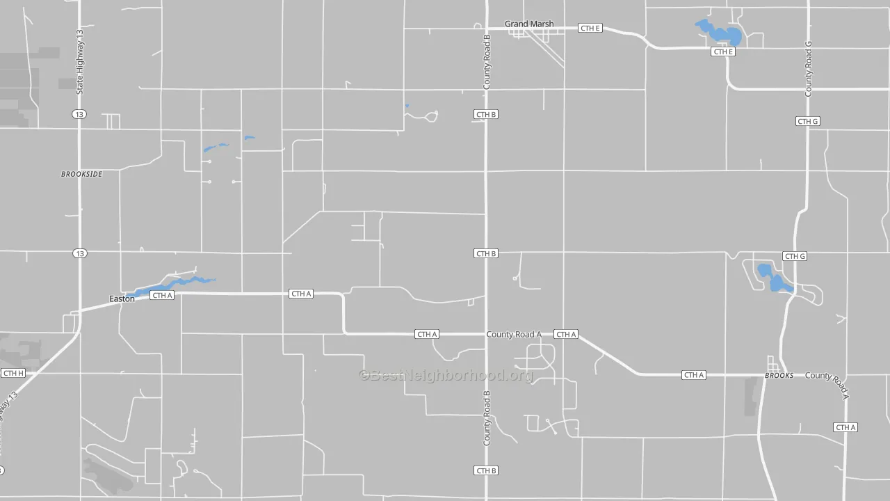 Walk Grade map of 53936, WI, walkable areas in green and car-dependent areas in red