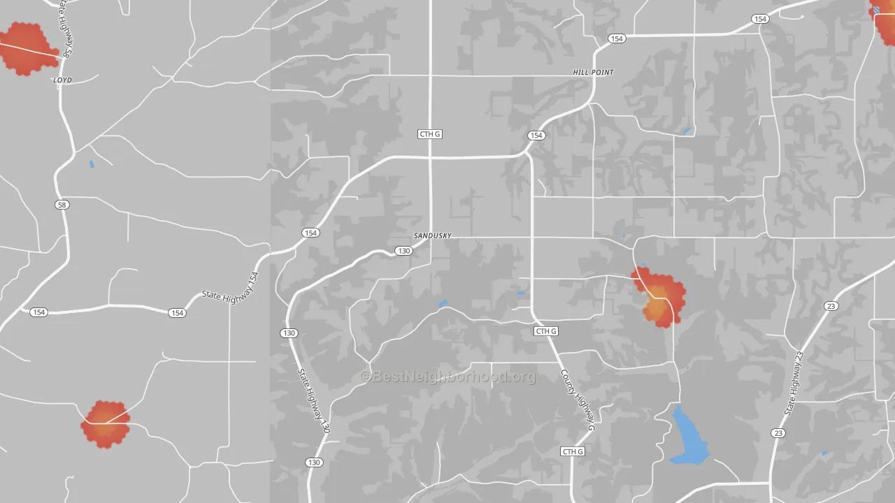 Walk Grade map of 53937, WI, walkable areas in green and car-dependent areas in red