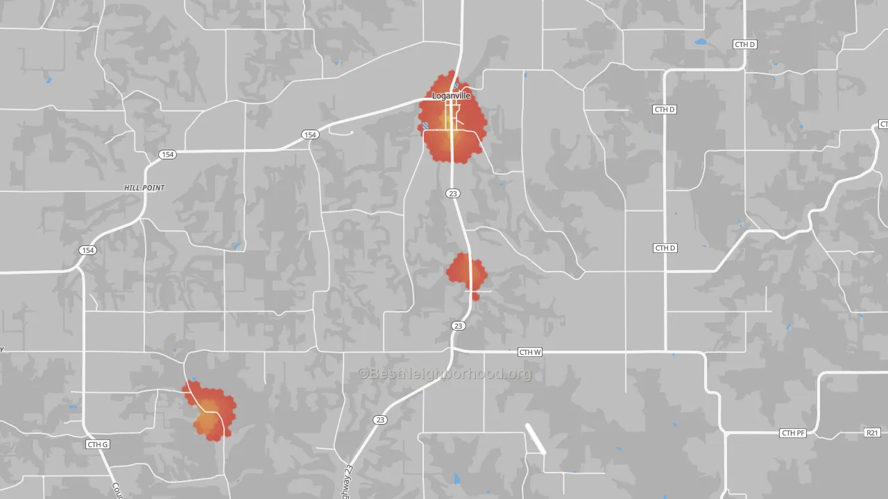 Walk Grade map of 53943, WI, walkable areas in green and car-dependent areas in red