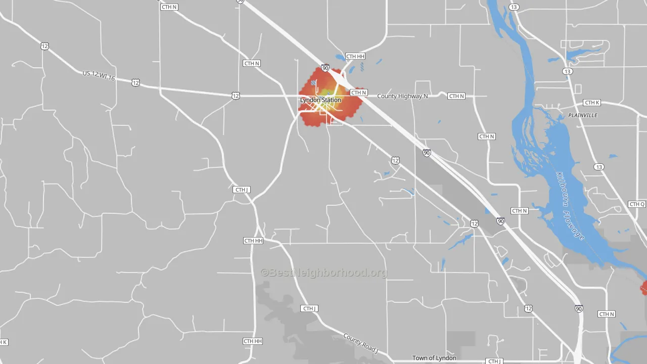 Walk Grade map of 53944, WI, walkable areas in green and car-dependent areas in red