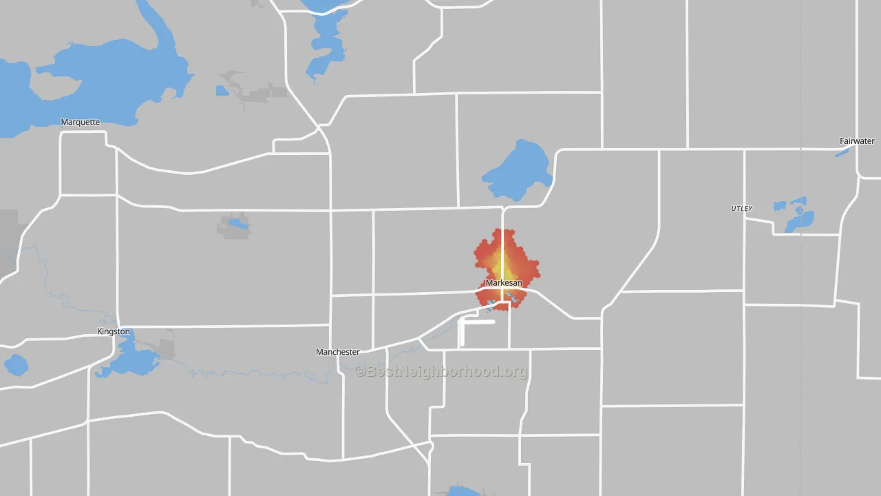 Walk Grade map of 53946, WI, walkable areas in green and car-dependent areas in red