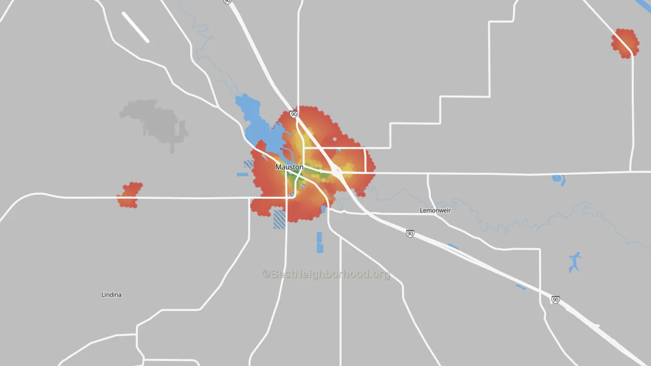 Walk Grade map of 53948, WI, walkable areas in green and car-dependent areas in red