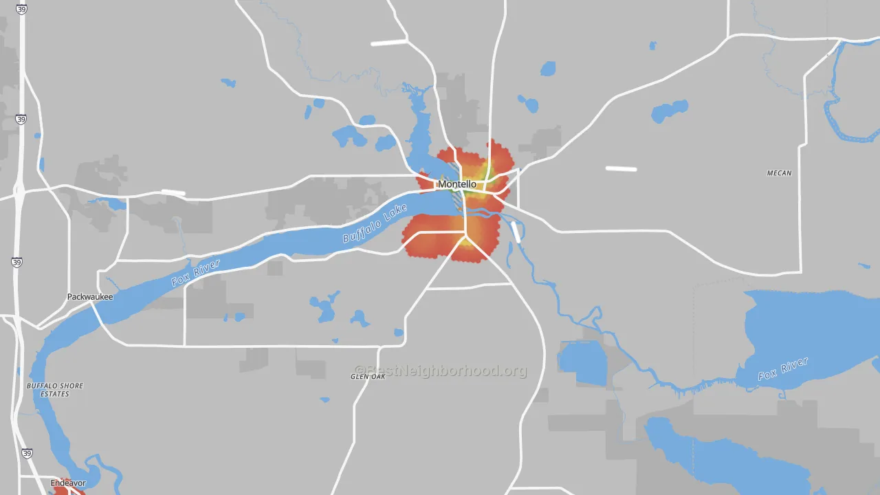 Walk Grade map of 53949, WI, walkable areas in green and car-dependent areas in red