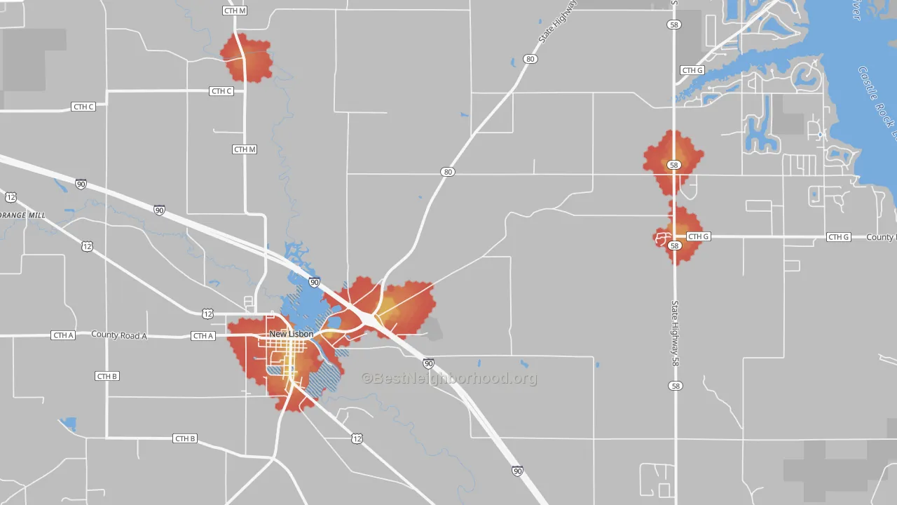 Walk Grade map of 53950, WI, walkable areas in green and car-dependent areas in red