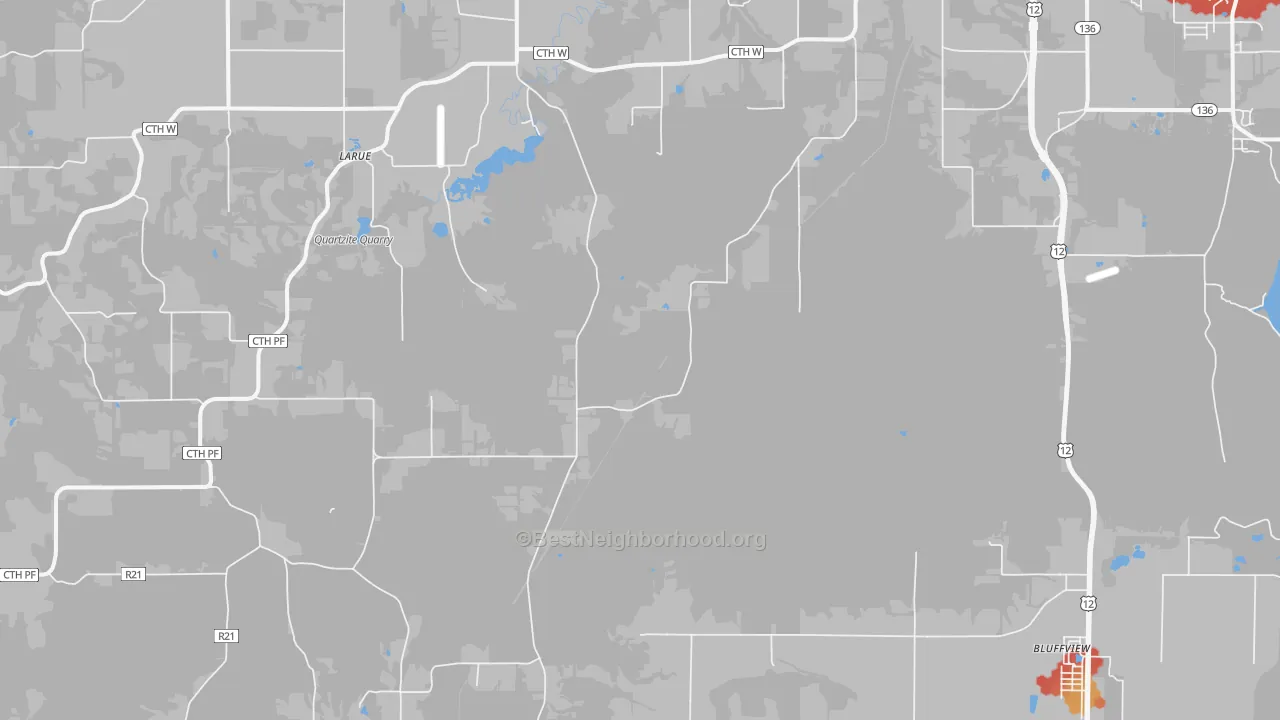 Walk Grade map of 53951, WI, walkable areas in green and car-dependent areas in red