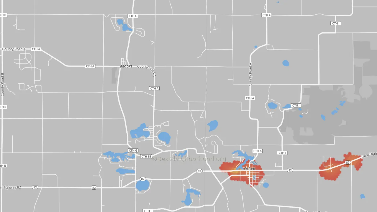 Walk Grade map of 53952, WI, walkable areas in green and car-dependent areas in red