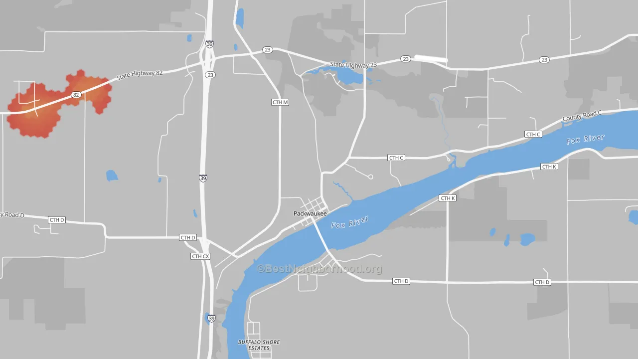 Walk Grade map of 53953, WI, walkable areas in green and car-dependent areas in red