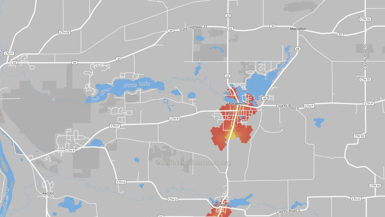 Walk Grade map of 53954, WI, walkable areas in green and car-dependent areas in red