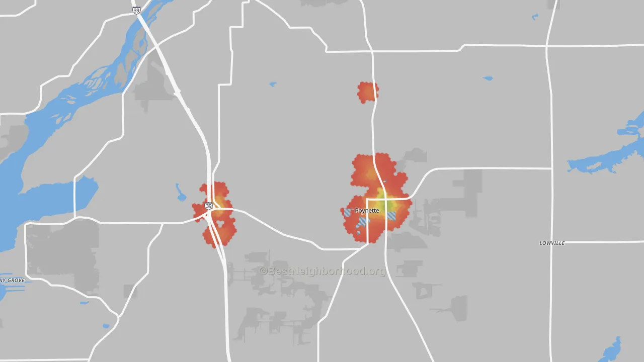 Walk Grade map of 53955, WI, walkable areas in green and car-dependent areas in red