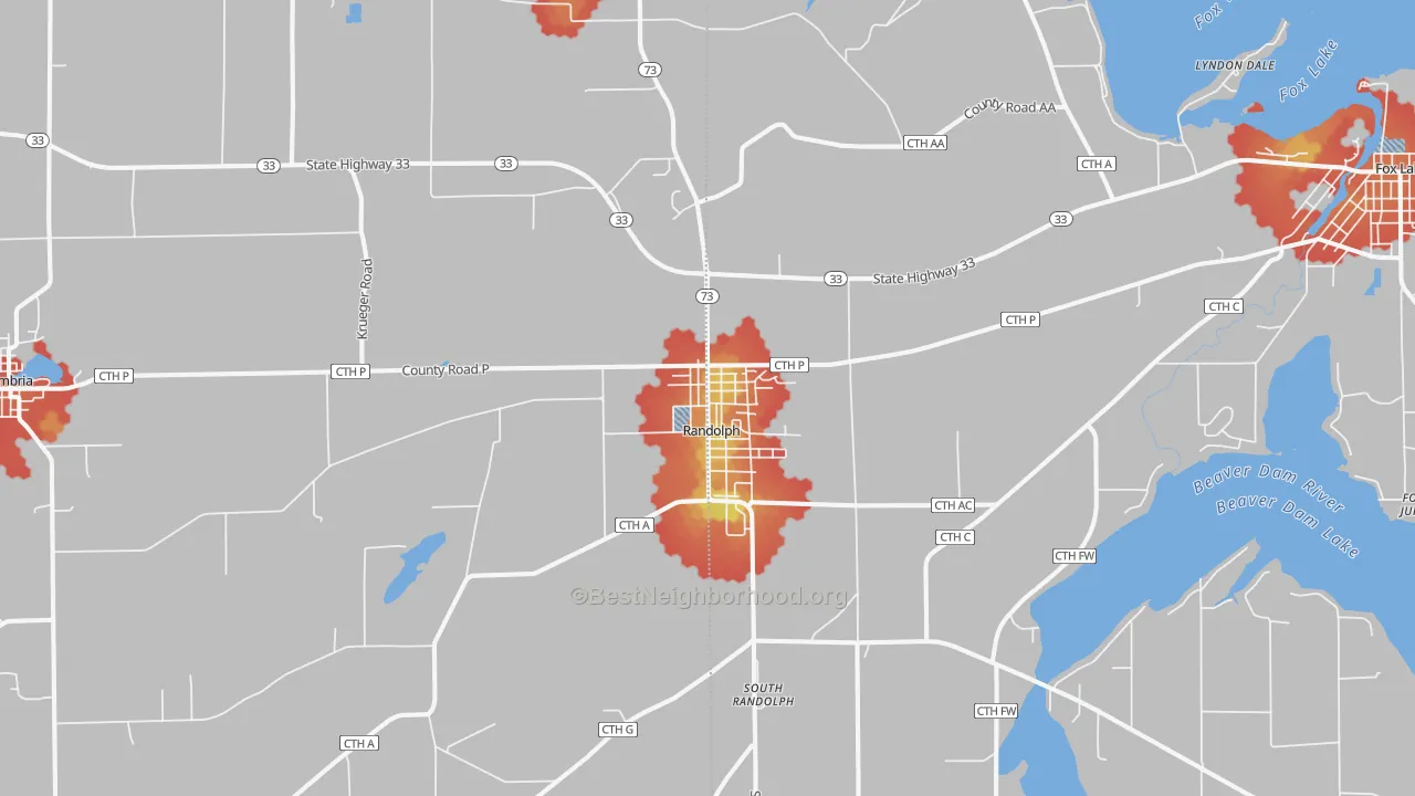 Walk Grade map of 53956, WI, walkable areas in green and car-dependent areas in red