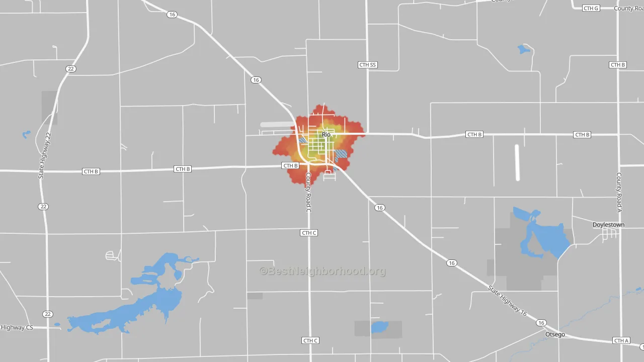 Walk Grade map of 53960, WI, walkable areas in green and car-dependent areas in red