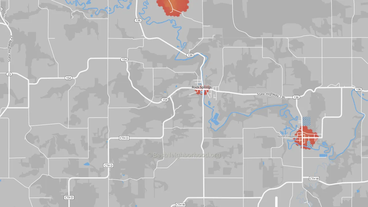 Walk Grade map of 53961, WI, walkable areas in green and car-dependent areas in red