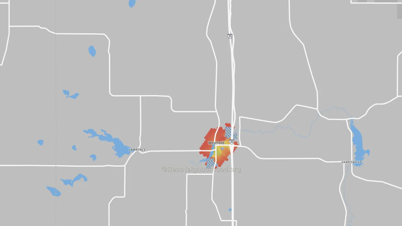 Walk Grade map of 53964, WI, walkable areas in green and car-dependent areas in red