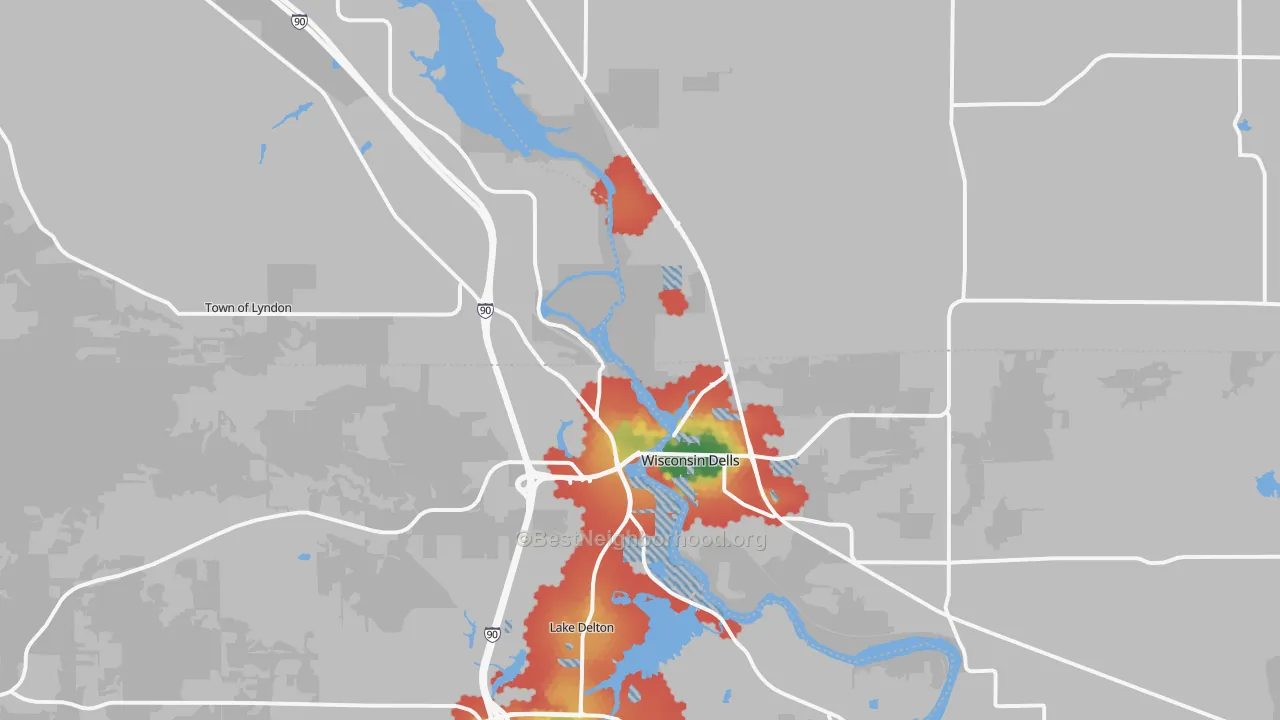 Walk Grade map of 53965, WI, walkable areas in green and car-dependent areas in red