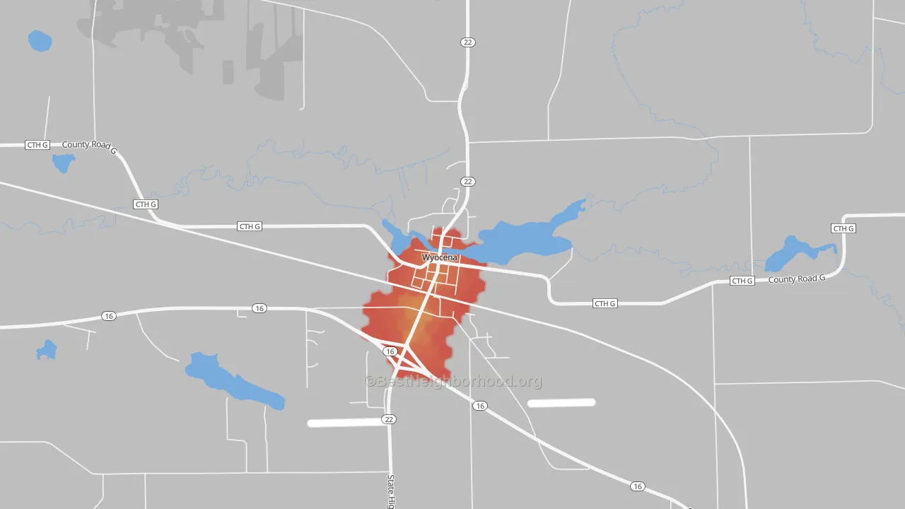 Walk Grade map of 53969, WI, walkable areas in green and car-dependent areas in red