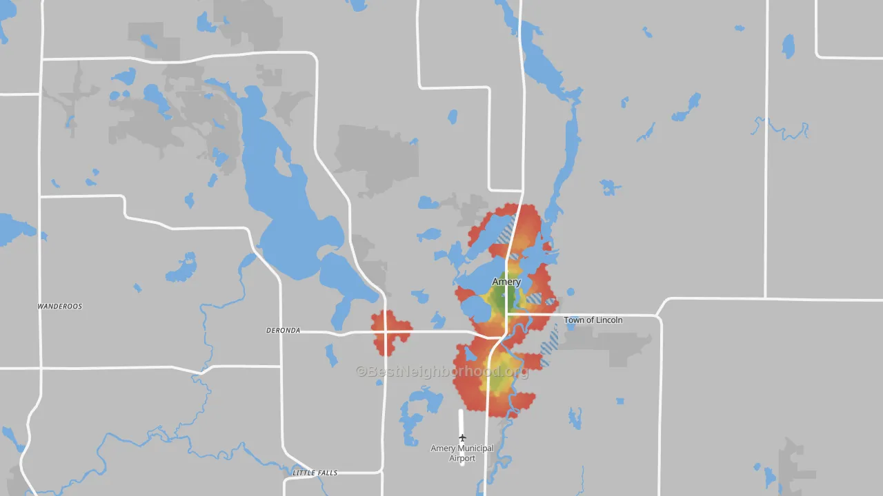 Walk Grade map of 54001, WI, walkable areas in green and car-dependent areas in red