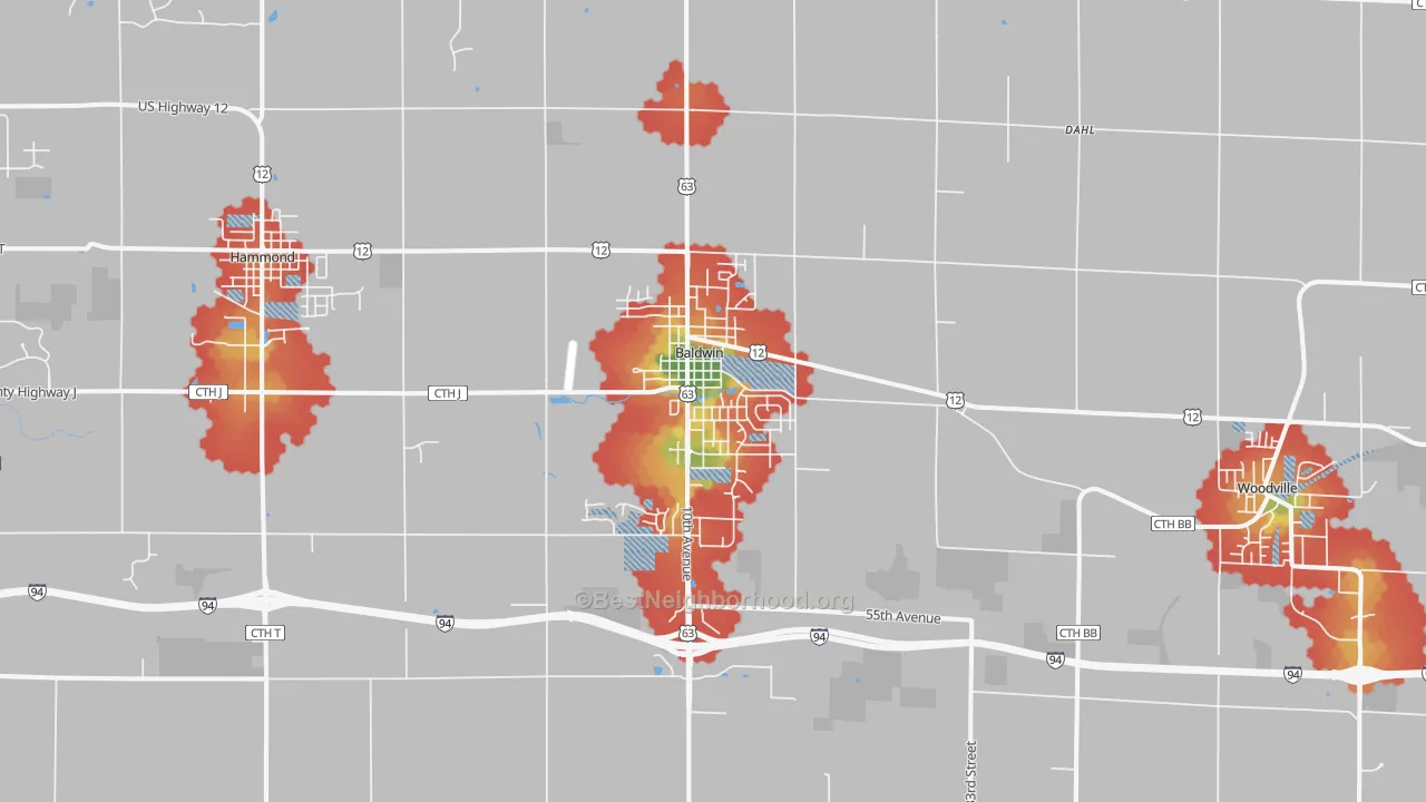 Walk Grade map of 54002, WI, walkable areas in green and car-dependent areas in red