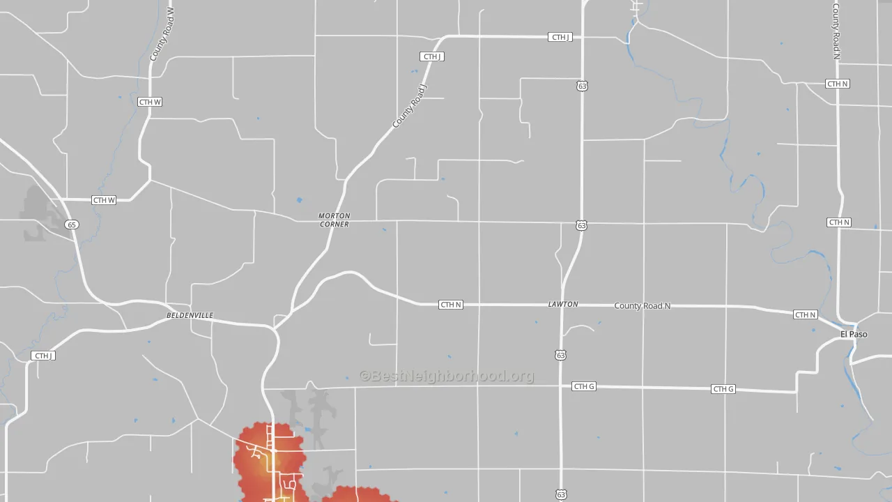 Walk Grade map of 54003, WI, walkable areas in green and car-dependent areas in red