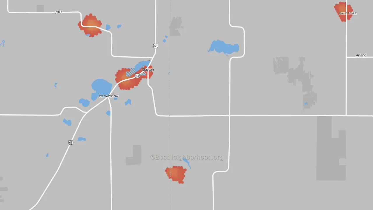 Walk Grade map of 54004, WI, walkable areas in green and car-dependent areas in red