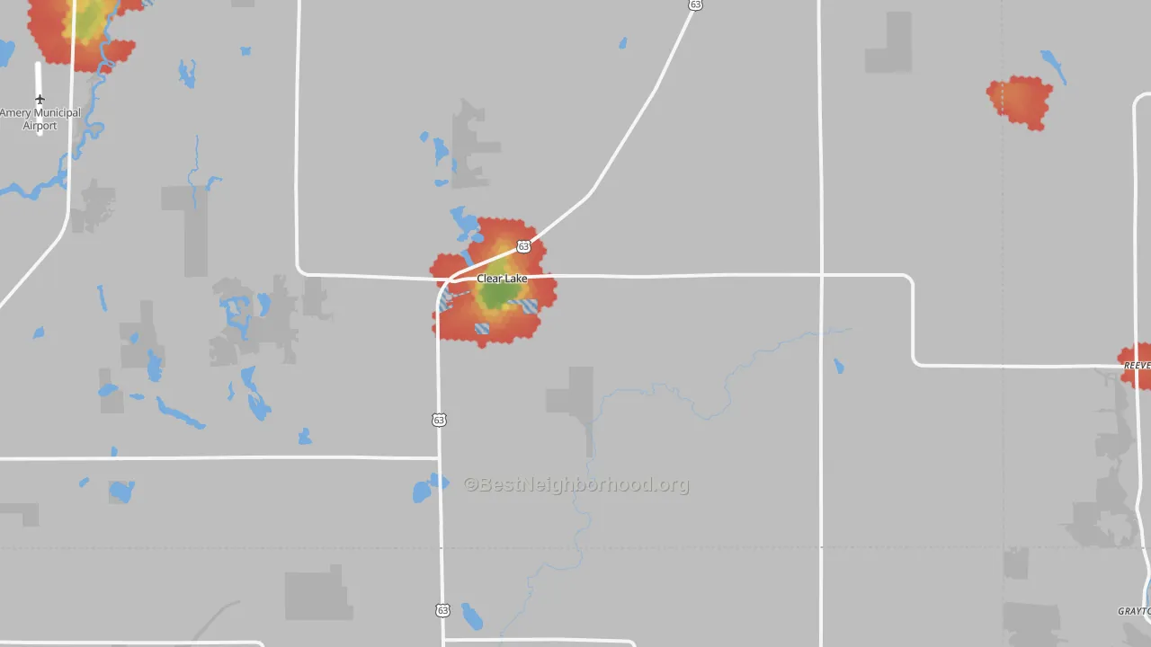 Walk Grade map of 54005, WI, walkable areas in green and car-dependent areas in red