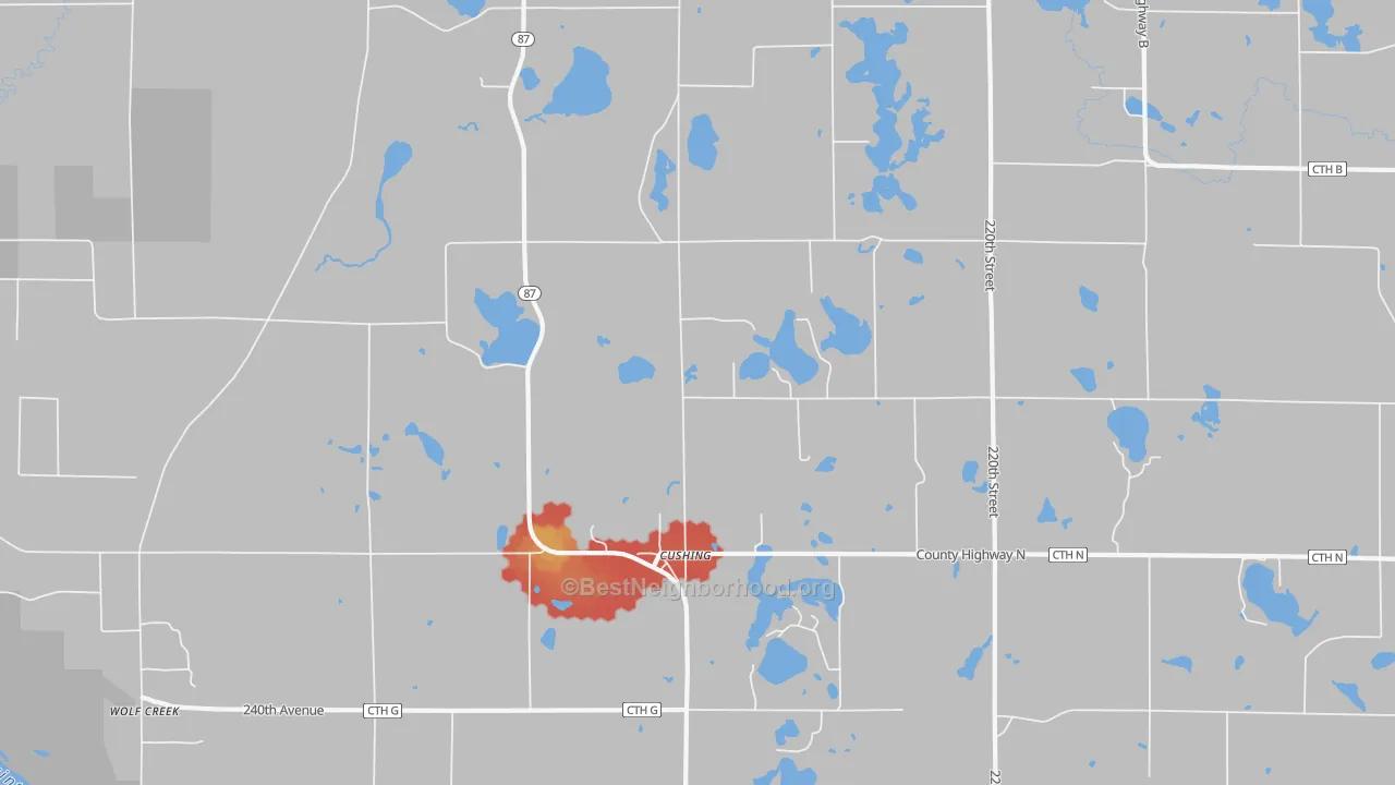 Walk Grade map of 54006, WI, walkable areas in green and car-dependent areas in red