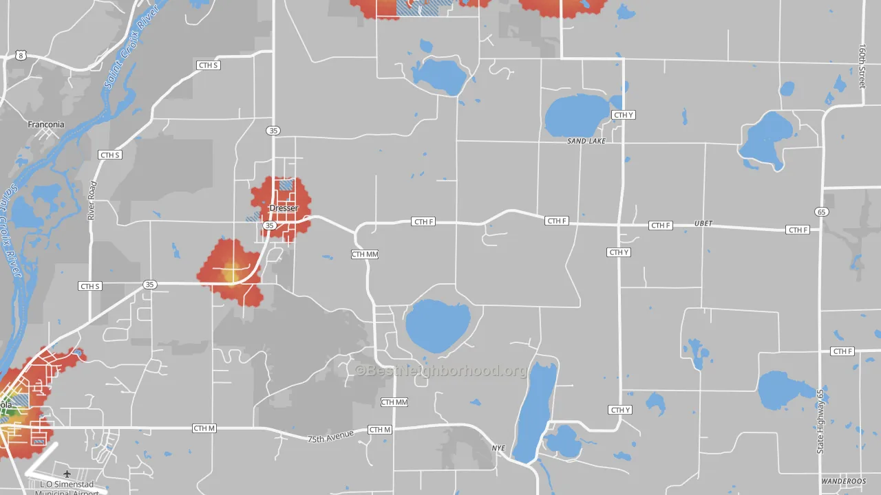 Walk Grade map of 54009, WI, walkable areas in green and car-dependent areas in red