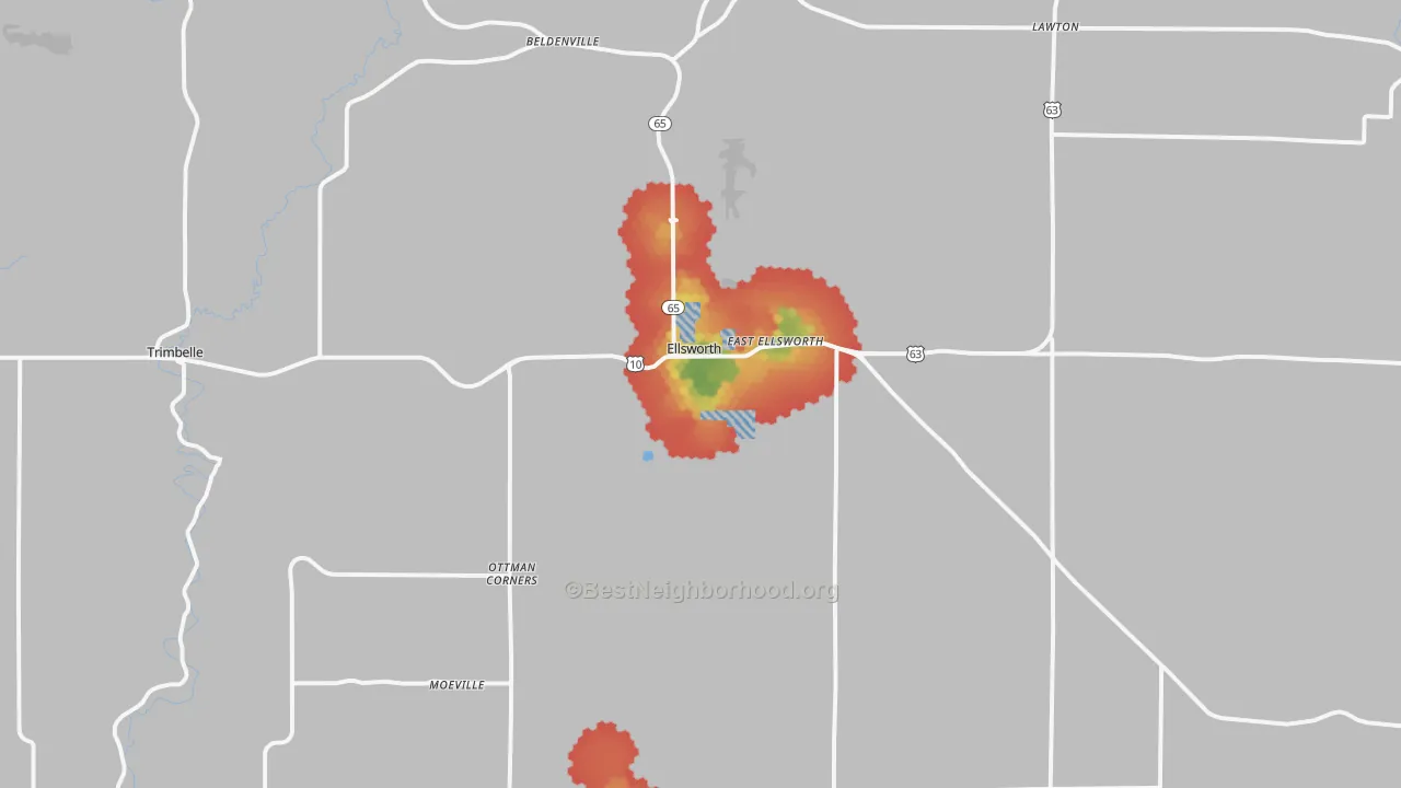 Walk Grade map of 54011, WI, walkable areas in green and car-dependent areas in red