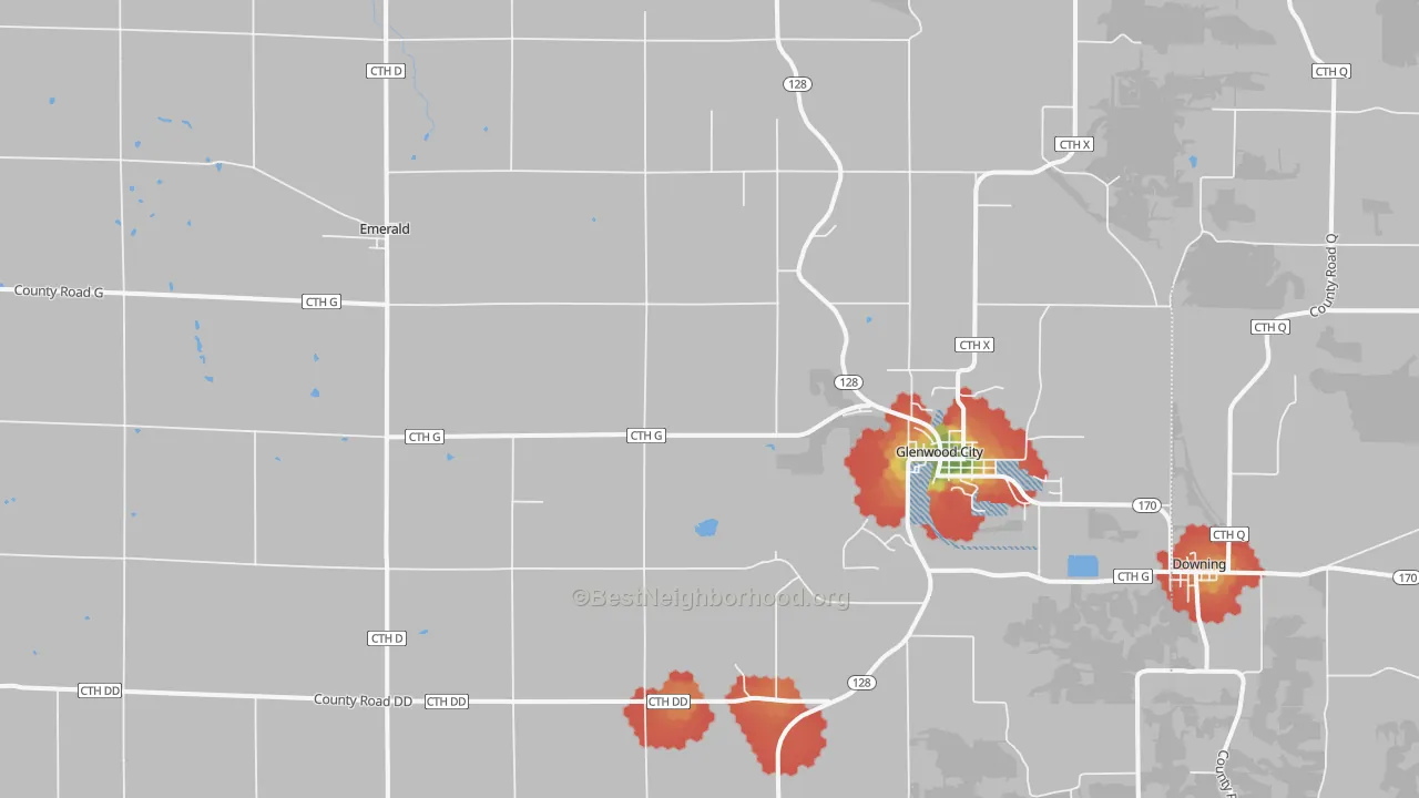 Walk Grade map of 54013, WI, walkable areas in green and car-dependent areas in red