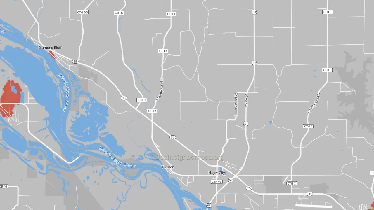 Walk Grade map of 54014, WI, walkable areas in green and car-dependent areas in red