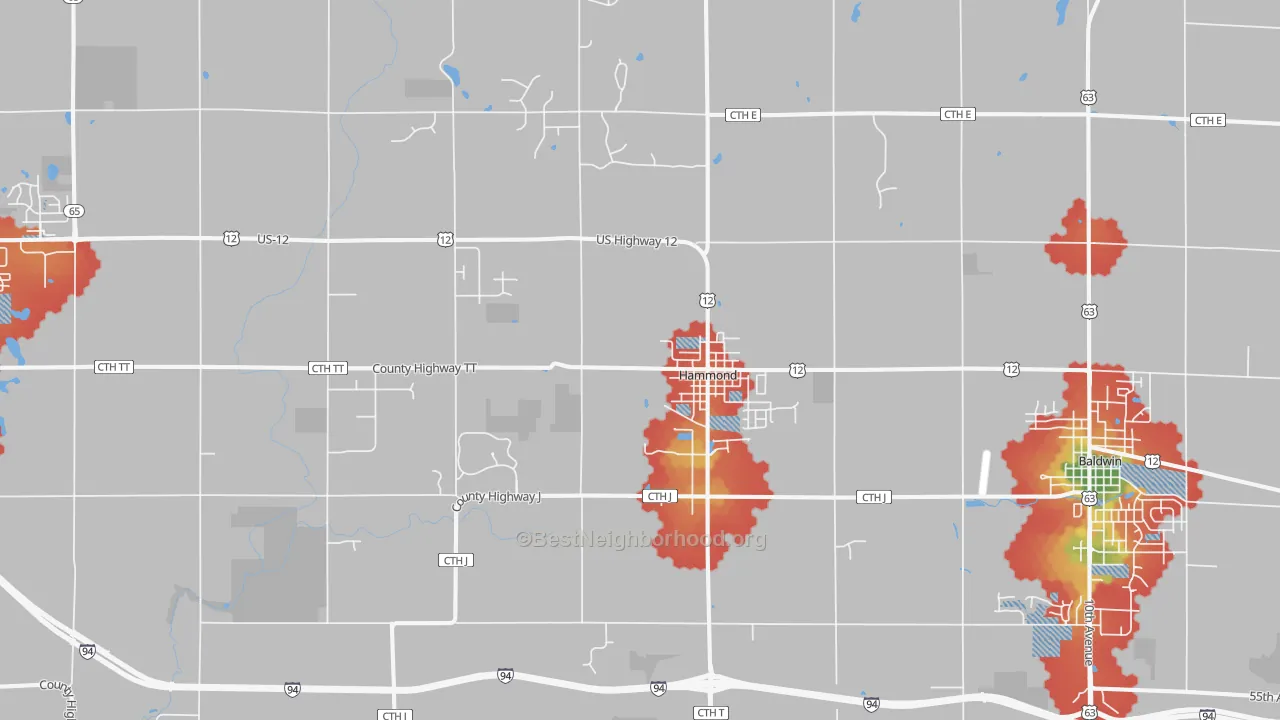 Walk Grade map of 54015, WI, walkable areas in green and car-dependent areas in red