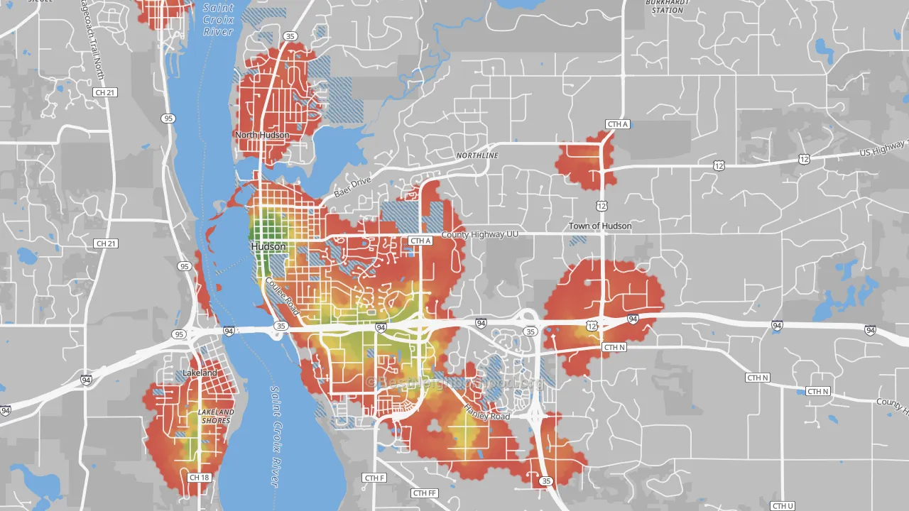 Walk Grade map of 54016, WI, walkable areas in green and car-dependent areas in red