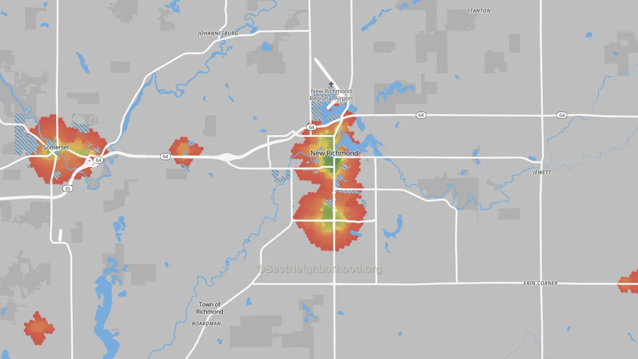 Walk Grade map of 54017, WI, walkable areas in green and car-dependent areas in red