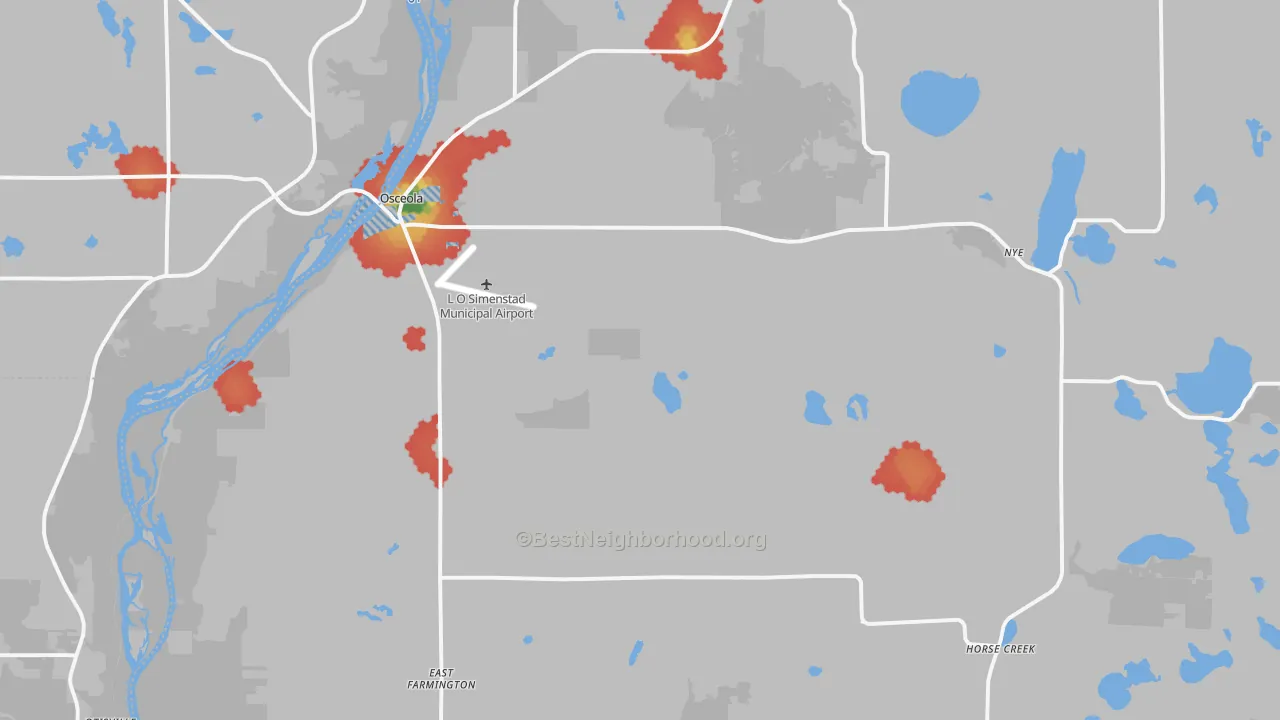 Walk Grade map of 54020, WI, walkable areas in green and car-dependent areas in red