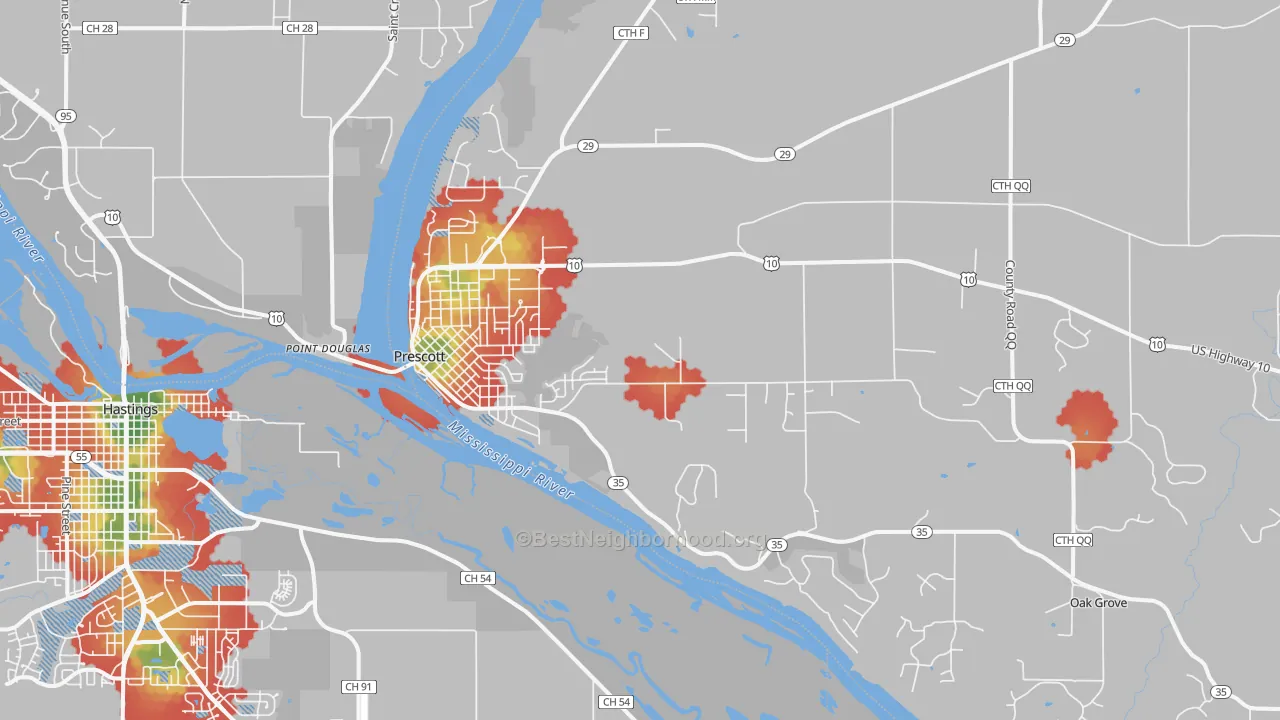 Walk Grade map of 54021, WI, walkable areas in green and car-dependent areas in red