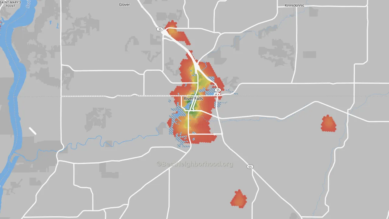 Walk Grade map of 54022, WI, walkable areas in green and car-dependent areas in red