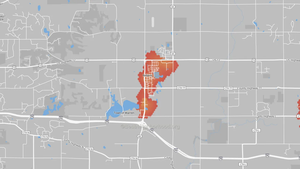 Walk Grade map of 54023, WI, walkable areas in green and car-dependent areas in red