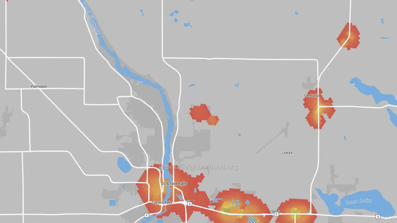 Walk Grade map of 54024, WI, walkable areas in green and car-dependent areas in red