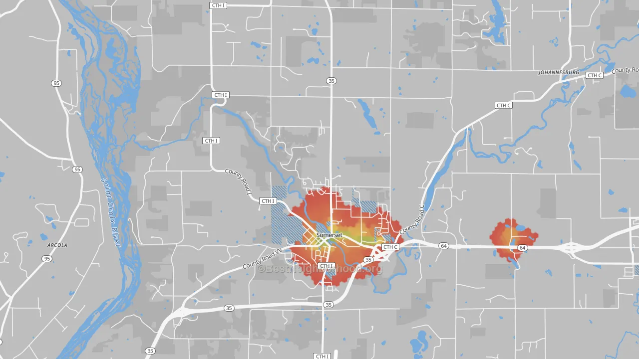 Walk Grade map of 54025, WI, walkable areas in green and car-dependent areas in red