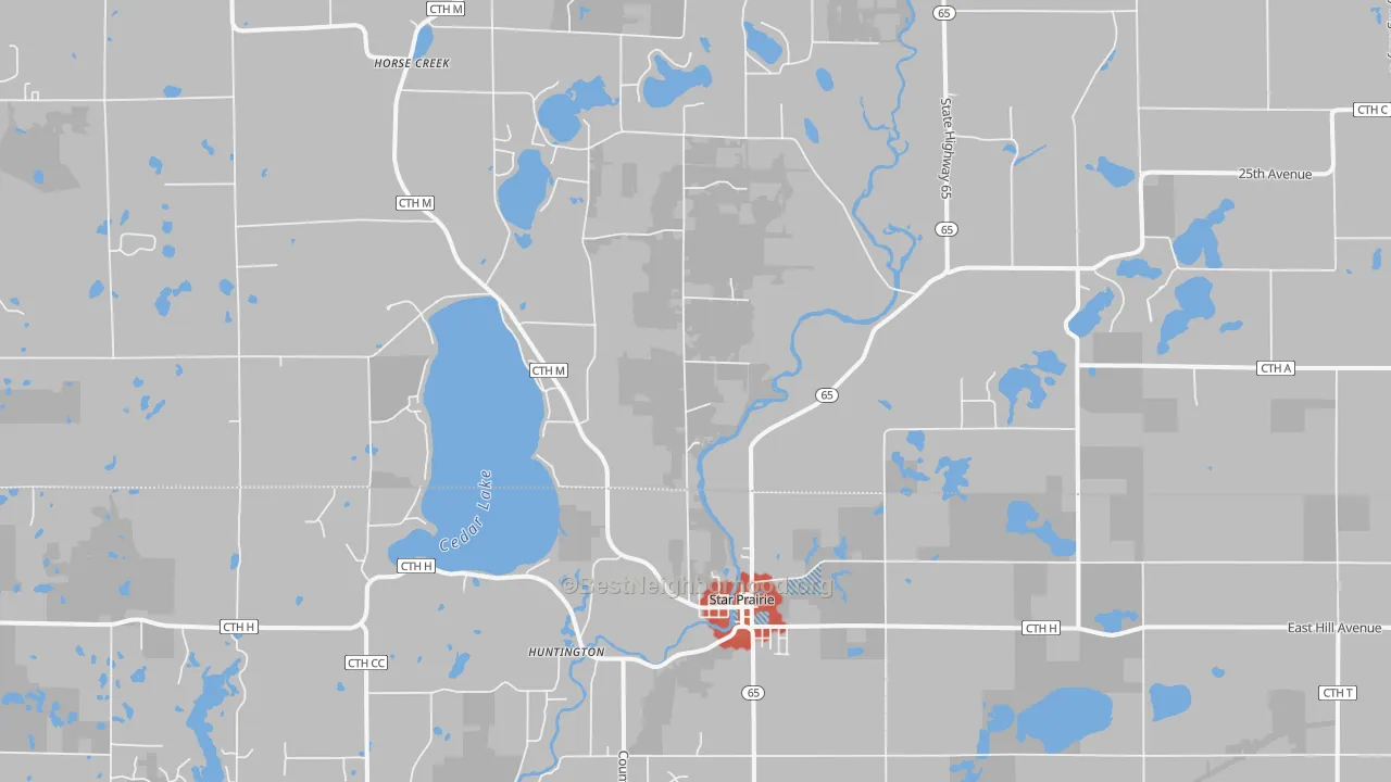 Walk Grade map of 54026, WI, walkable areas in green and car-dependent areas in red