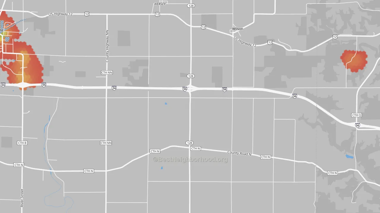 Walk Grade map of 54027, WI, walkable areas in green and car-dependent areas in red