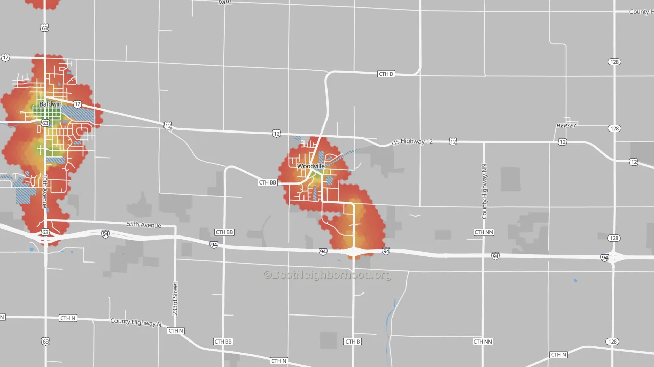 Walk Grade map of 54028, WI, walkable areas in green and car-dependent areas in red