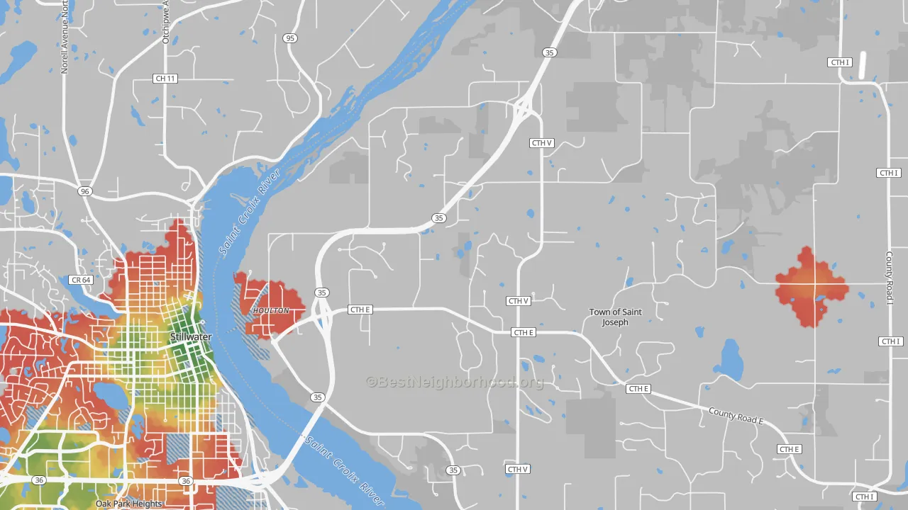 Walk Grade map of 54082, WI, walkable areas in green and car-dependent areas in red